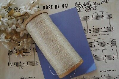 Antique French Huge Spool Fine Ivory White Silk Gold Metal Twist Sewing Thread