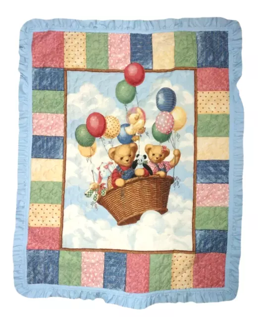 Blue Jean Teddy Bear Balloon Basket Handmade Crib Quilt Girl Boy Blanket Clouds