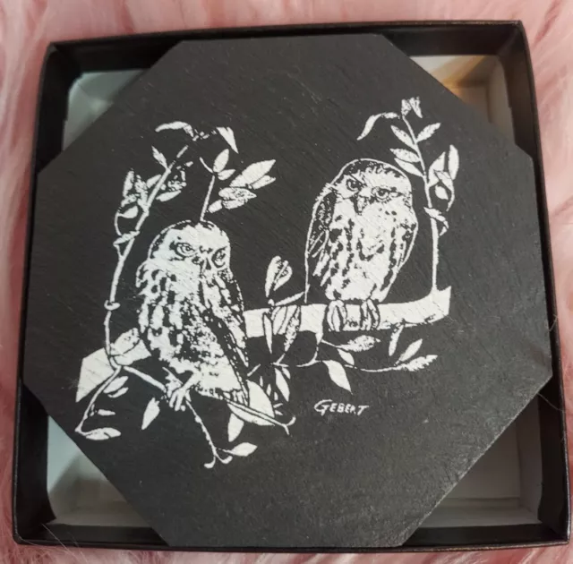 OWLS 6 Vintage Genuine Slate Owl Tile Coasters Quarry Bangor, PA cork underside