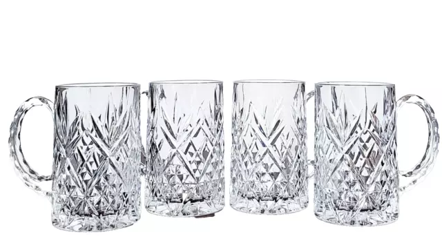 (4) Crystal Hand Crafted Scalloped Handle Cut Glass Lead Heavy Beer Mugs
