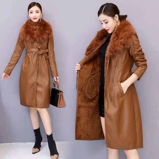 Womens Faux Fur Collar Casual Slim Warm Chic PU Leather Coats Mid-Length Jacket