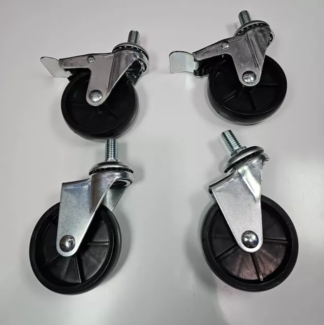 Caster Wheel 3" Poly Plastic Swivel Stem Black Two With Brakes Lot Of 4