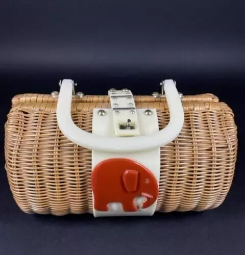 1960s Wicker Barrel Purse w Mod Lucite Elephant & Handle made in Hong Kong