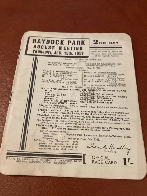 Haydock Race card August 1957