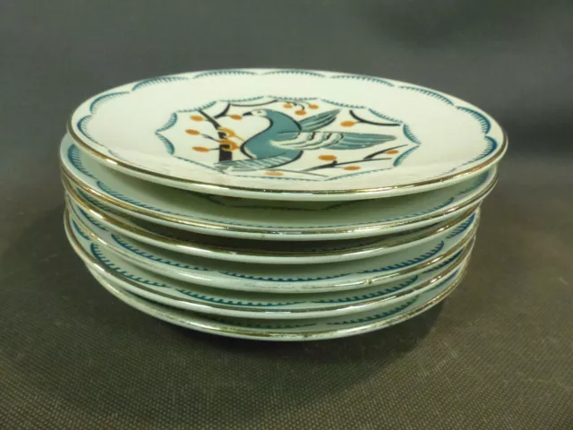 Lot 6 anciennes petites assiettes à dessert en céramique de Lunéville K&G oiseau 2