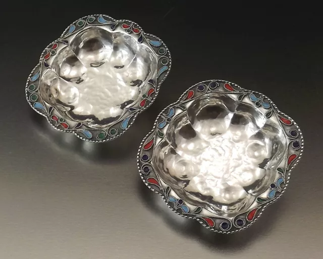 Coupelles A Caviar Argent Massif Email Cloisonne Enamel Cups Russie Vers 1900