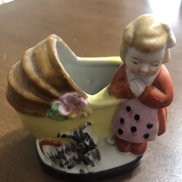 Vintage ~Praying Girl with Baby Buggy & Dog~Porcelain Planter  Japan