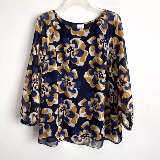 Blusa floral Cabi Lydia M azul marino forrada floral manga 3/4 estilo 3426