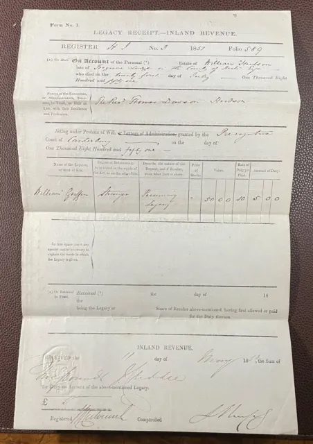 1857 Inland Revenue Legacy Receipt for William Hudson of Frogmore Lodge, Herts
