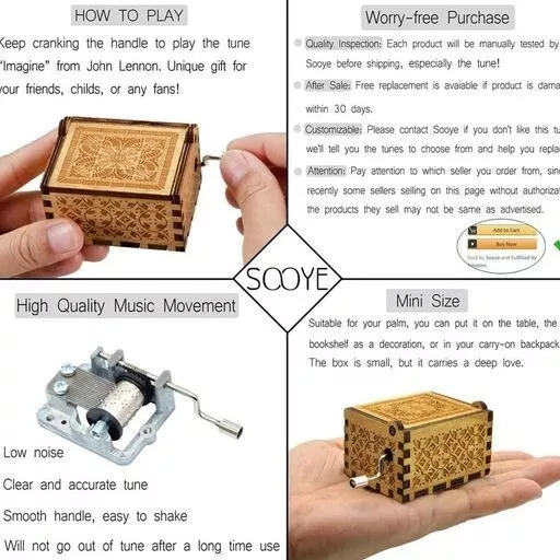 IMAGINE Laser Engraved Retro Hand-Crank Wood Carved  Mini  Music Box --Plays Jo 2