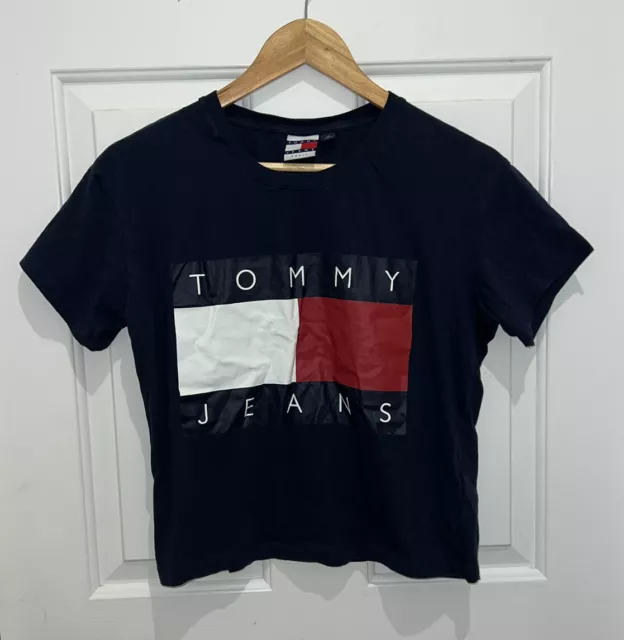 Tommy Hilfiger Tommy Jeans Big Flag Logo Crop Tee T Shirt Womens Small S Navy