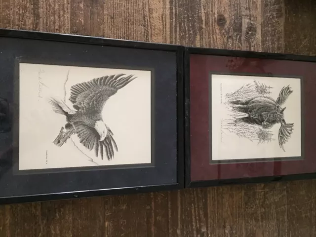 Old Framed Drawing Print Eagle Moose X2 Matching Frames 38/30cm Freda Ballard