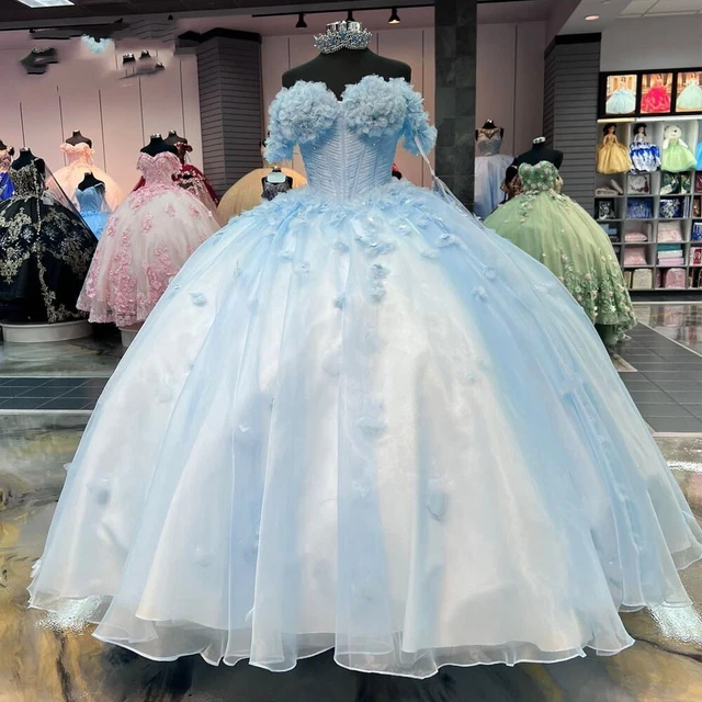 Princess Sky Blue Quinceanera Dresses Ball Gown For 15 16 Prom With 3D Flowers