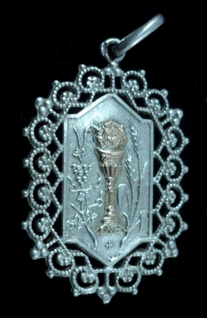 ANCIENNE MEDAILLE RELIGIEUSE communion Calice 1918 argent EUR 34,00