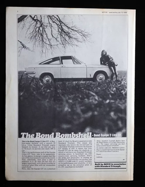 Original 1968 Motor Magazine Vintage Advert. Bond Equipe 2 Litre GT Triumph