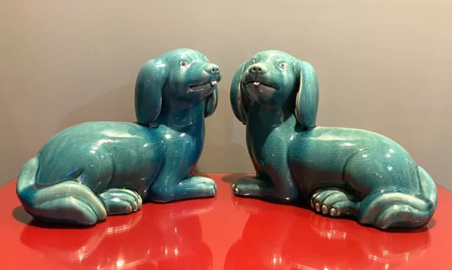 Charming Large Old Pair Chinese Turquoise-glazed Hounds Pups Dogs
