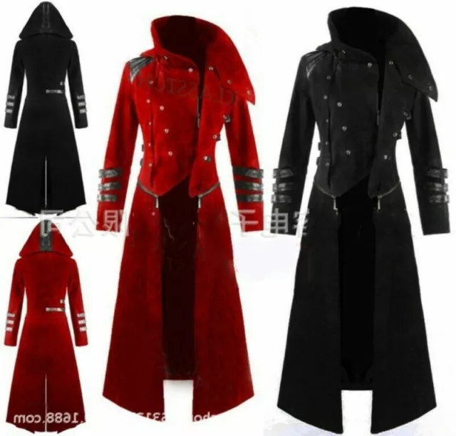 Men's Hooded Steampunk Military Trench Coat Long Jacket Gothic Overcoat Cosplay