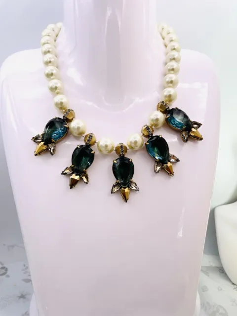 J.crew Vintage Gold Plated Crystals & Pearls Cluster Statement Necklace