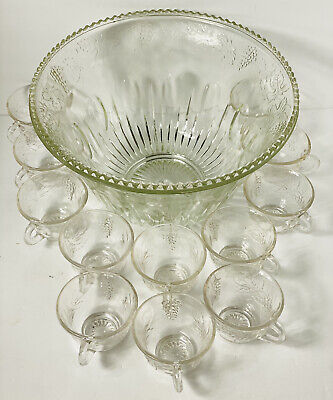 Vintage Crystal Punch Bowl With 12 Cups 12”X7”