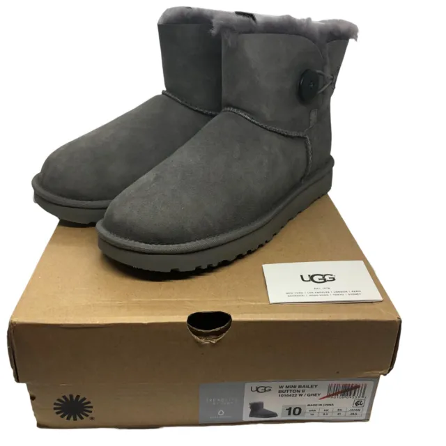 UGG Women's Sz 10 Mini Bailey Button II Short Suede Ankle Boot Grey - SEE PICS!