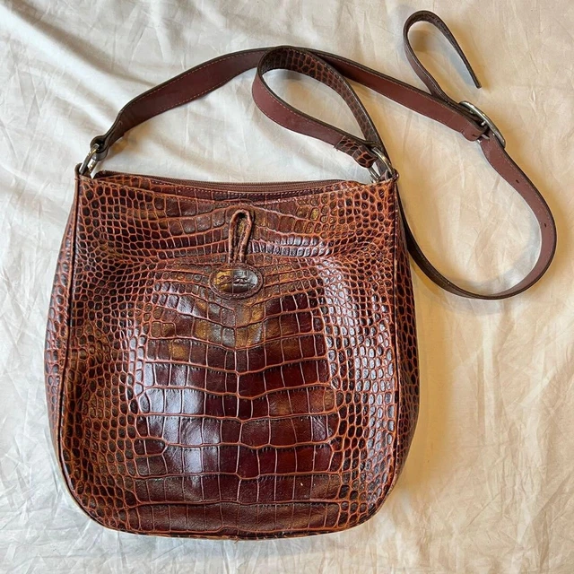 Longchamp Roseau Shoulder Bag Leather Croc Embossed Brown Made in France