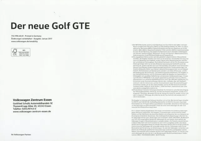 VW Golf GTE Prospekt 2017 1/17 D Katalog brochure prospectus catalog catalogue 2