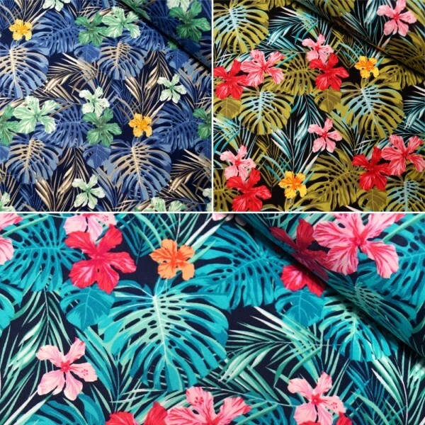 100% Cotton Poplin Fabric Rose & Hubble Tropical Palm Leaves Flowers Floral