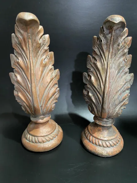 Pair Of Resin Leaf With Metallic Accents Table Mantle Shelf Decorative Finial