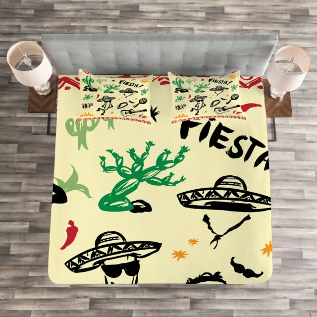 Mexican Quilted Bedspread & Pillow Shams Set, Taco Fiesta Guitar Print