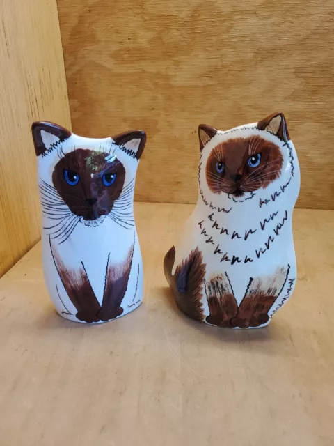 Cats by Nina Lyman 2 Siamese Cat Vases Ceramic Handpainted 7.5" Kitty Figure EUC