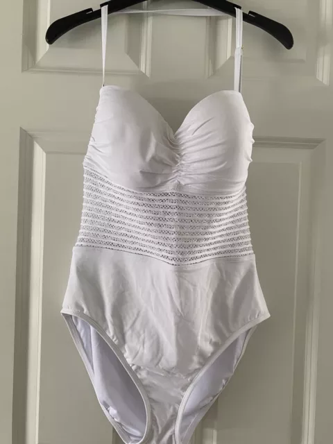 NWOT - Bleu Rod Beattie - White Halter, Sheer Waist - One Piece Swimsuit Sz 14