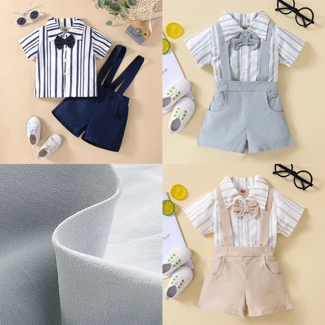 Baby Boys Gentleman Outfits Short Sleeve Bowtie Shirt with Suspender Shorts Set