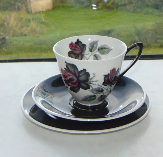 Royal Albert China Masquerade Pattern 1 x Trio Cup Saucer Plate Black Red Rose