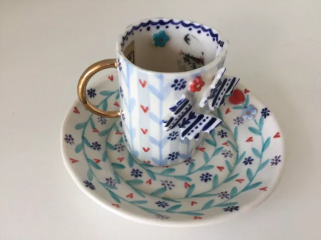 Katie Almond miniature decorative collectable hand made cup and saucer 5.5cm