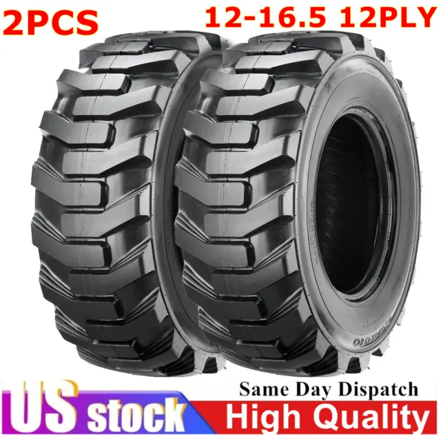 2PCS 12-16.5 12X16.5 Skid Steer Tires/Wheels/Rims Tubeless for Bobcat&more-12PLY