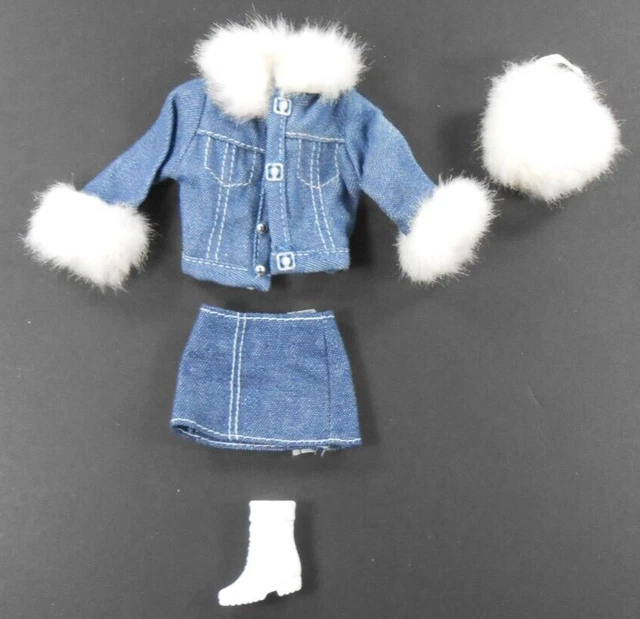 Barbie Vtg 1995 Fashion Avenue Fur Trim Denim Jacket Fur Bag 1 White Boot 14980