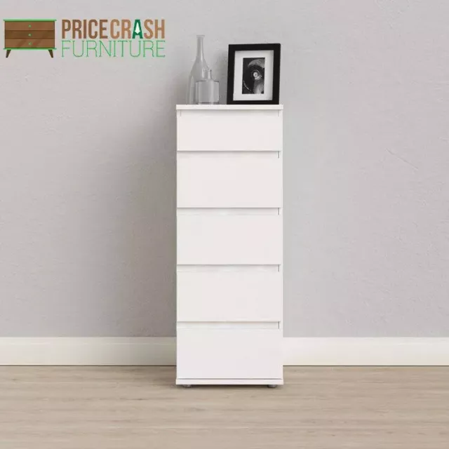 Nova Modern Tall Narrow 5 Drawer Chest of Drawers Tallboy in White