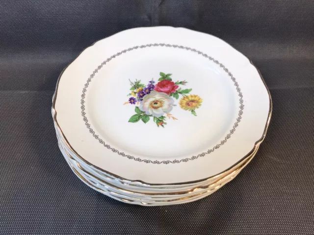 Lot de 6 anciennes assiettes plates en céramique de St Amand SAXE fleurs dorures