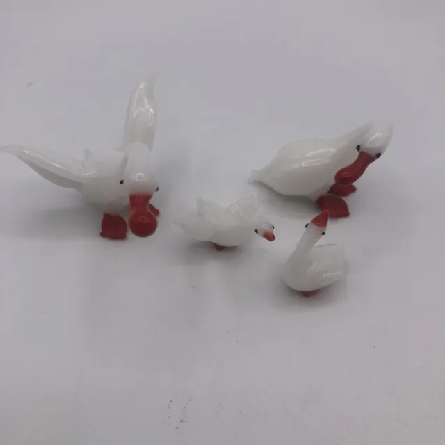 White Blown Glass Lampwork Goose Family Red Bills & Feet