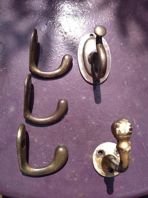 Antique Reclaimed Edwardian/Victorian Brass + bronze (?)  Coat Hooks x 5 Retro