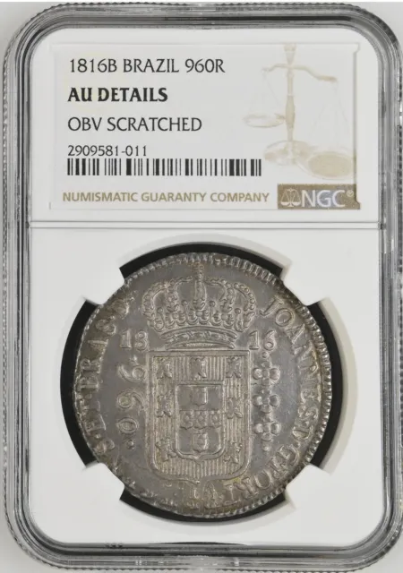 1816 B Brazil 960 Reis NGC AU Scratch