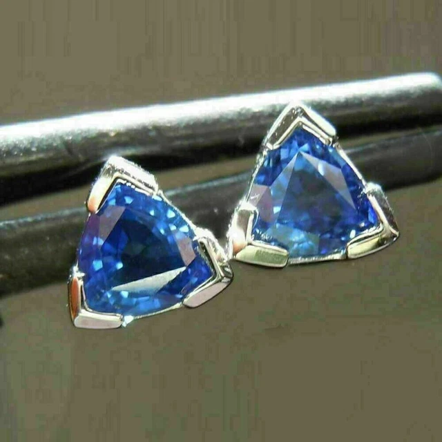 Trillion Cut Lab Created Tanzanite Halo Stud Earrings in 14k  White Gold Plated