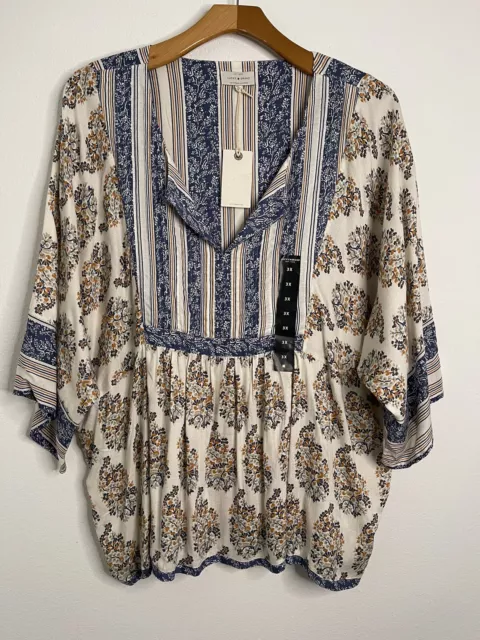 NWT Lucky Brand  Women's Viscose Blue /Tan  Floral Blouse Top Tunic Plus Size 3X