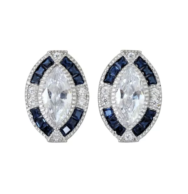 GIGI DESIGNS Sterling Silver Art Deco Style Syn Blue Sapphire & CZ Stud Earring