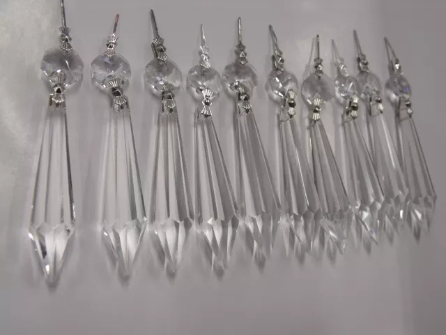 10x ICICLE COMPLETE CHROME LONG SPEAR DROP PART CHANDELIER LEAD CRYSTAL DROPS