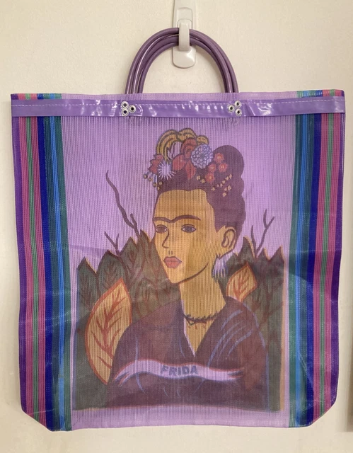 Frida Kahlo Purple Large Plastic Printed Mesh Market/Shopping/Beach Tote Bag NEW