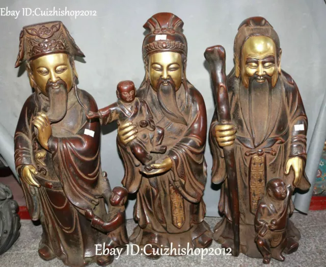 21 "Marked Purple Bronze Gold Tongzi Kid 3 Longevity God Fu Lu Shou Set of life