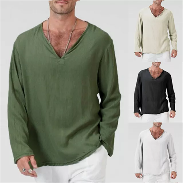 Mens Casual Cotton Linen Shirt Long Sleeve Loose Blouse Button Down Shirts  Tops