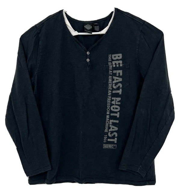 Harley-Davidson Skull Pattern Henley Neck Motorcycle Long-Sleeve T-Shirt (Men's Size L) unclear gray type Vintage Second Hand