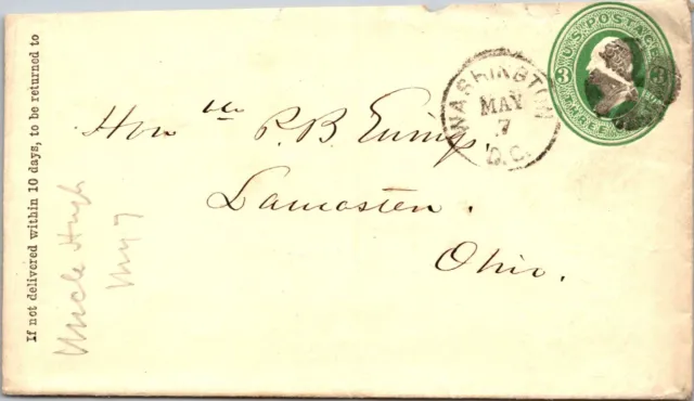 1800s Lancaster Ohio George Washington 3c Pre Stamped Stamp Envelope